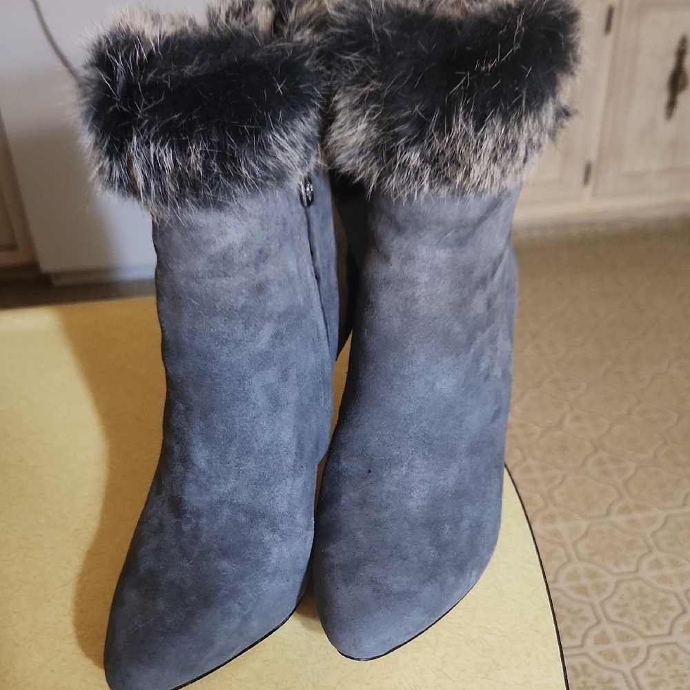 ANTONIO MELANI Gray Heeled Boots with Faux Fur Trim